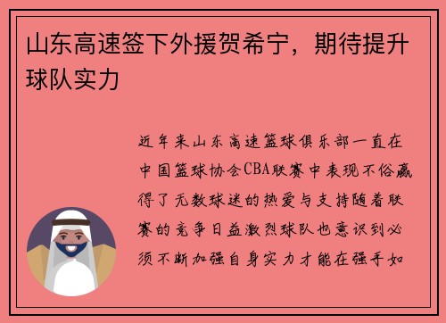 山东高速签下外援贺希宁，期待提升球队实力