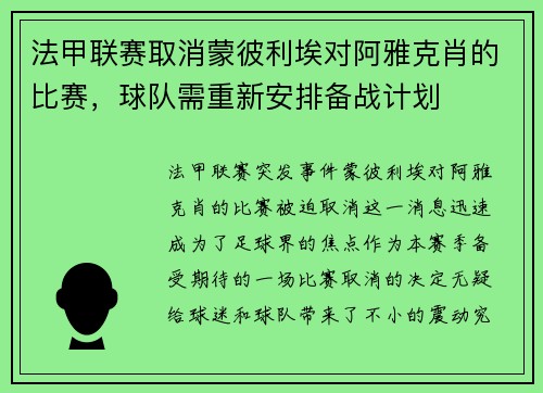 法甲联赛取消蒙彼利埃对阿雅克肖的比赛，球队需重新安排备战计划