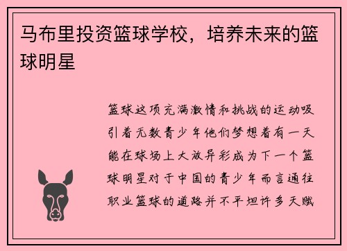 马布里投资篮球学校，培养未来的篮球明星